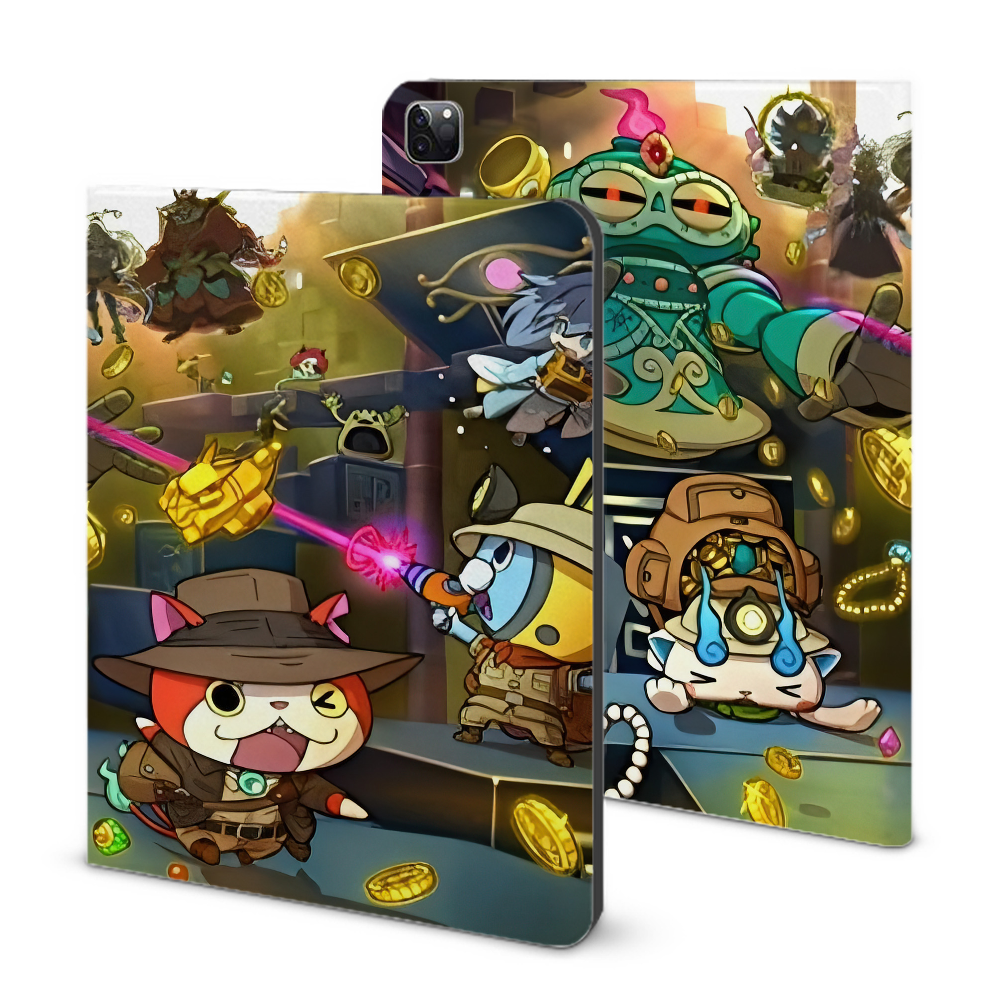 （画像用） 妖怪ウォッチ Yo-kai Watch IPad ケース ブック型 PUレザー TPU 耐衝撃 軽量 薄型 ペン収納なし 全面保護 IPad 各モデル対応